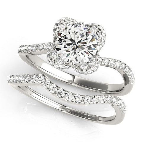 Platinum Round Halo Diamond Engagement Ring with Twisted Pave Band and Four-Prong Setting