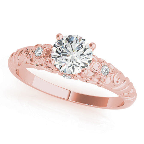 Rose gold Round Solitaire Scrollwork Engagement Ring with Side Stones and Four-Prong Setting