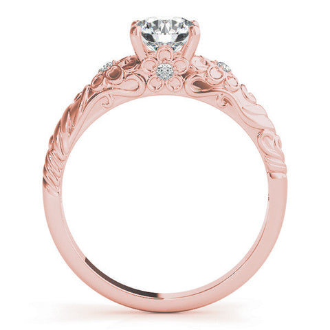 Rose gold Round Solitaire Scrollwork Engagement Ring with Side Stones and Four-Prong Setting