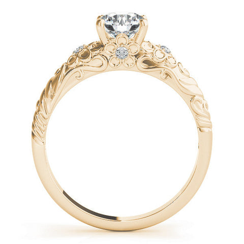 Yellow gold Round Solitaire Scrollwork Engagement Ring with Side Stones and Four-Prong Setting