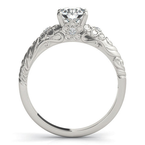 Platinum Round Solitaire Scrollwork Engagement Ring with Side Stones and Four-Prong Setting