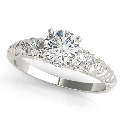 Platinum Round Solitaire Scrollwork Engagement Ring with Side Stones and Four-Prong Setting