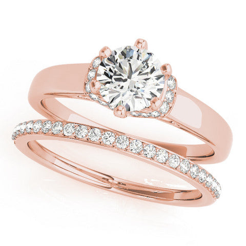 Rose gold Round Solitaire Diamond Ring with Pave Band and Six-Prong Setting