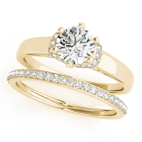Yellow gold Radiant Solitaire Diamond Ring with Pave Band and Six-Prong Setting