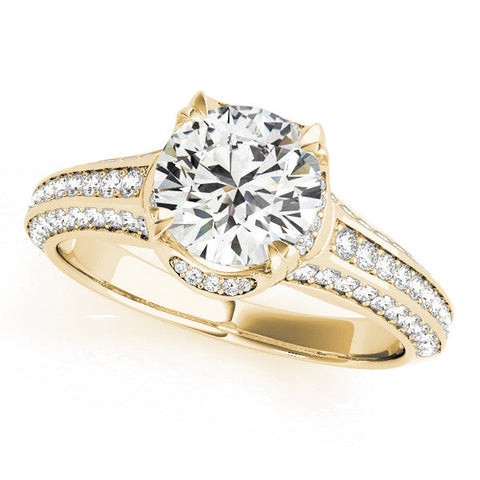 Yellow gold Round Solitaire Pave Split Shank Ring with Four-Prong Setting