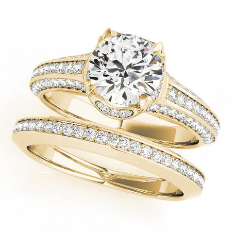 Yellow gold Round Solitaire Pave Split Shank Ring with Four-Prong Setting