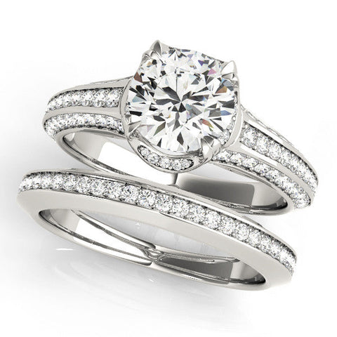 Platinum Round Solitaire Pave Split Shank Ring with Four-Prong Setting