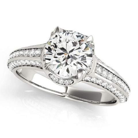 Platinum Round Solitaire Pave Split Shank Ring with Four-Prong Setting