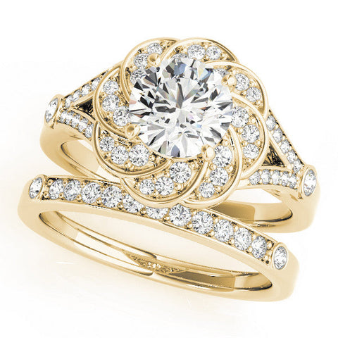 Yellow gold Round Brilliant Halo Floral Diamond Engagement Ring with Pave Band and Prong Setting