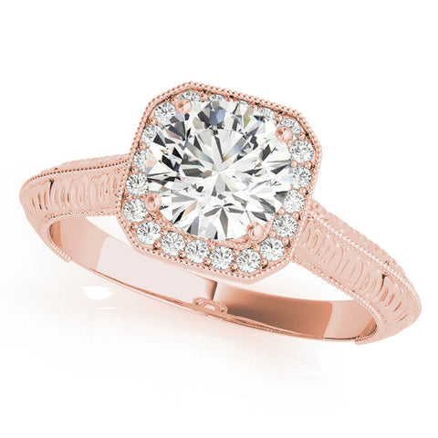 Rose gold Cushion Halo Round Solitaire Milgrain Engagement Ring