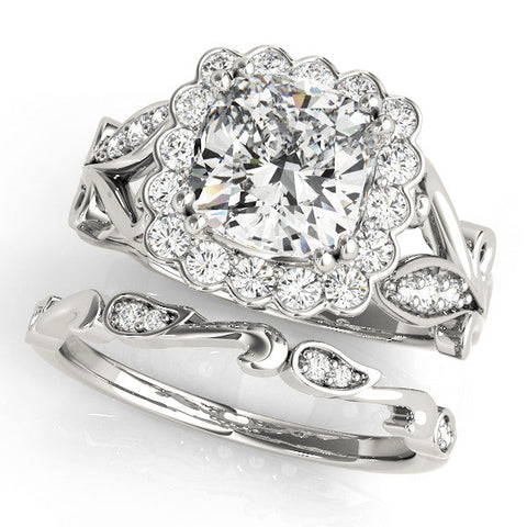 Platinum Cushion Halo Diamond Ring with Vintage Split Shank and Four-Prong Setting