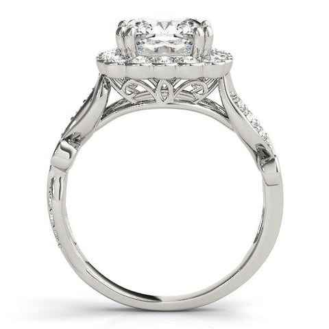 Platinum Cushion Halo Diamond Ring with Vintage Split Shank and Four-Prong Setting