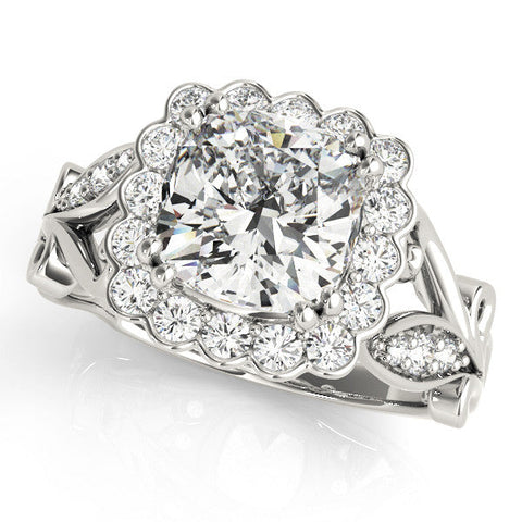 Platinum Cushion Halo Diamond Ring with Vintage Split Shank and Four-Prong Setting