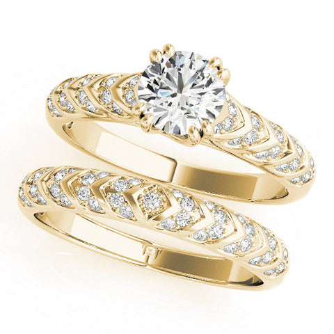 Yellow gold Round Solitaire Chevron Pave Diamond Engagement Ring with Six-Prong Setting