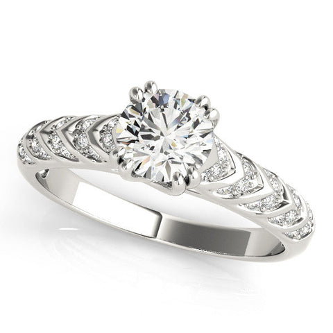 White gold Round Solitaire Chevron Pave Diamond Engagement Ring with Six-Prong Setting