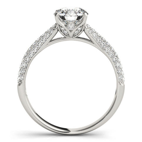White gold Round Cut Diamond Pavé Band Solitaire Ring with Four-Prong Setting