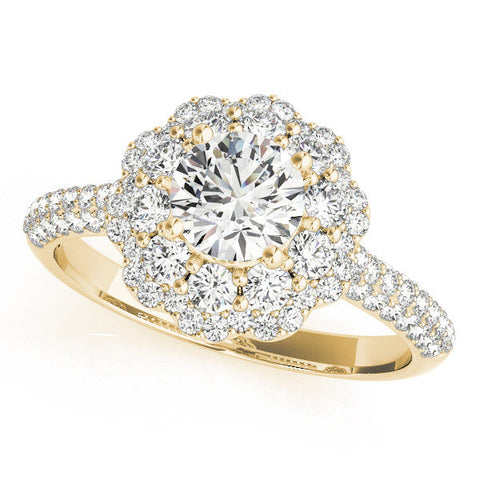 Yellow gold Round Halo Diamond Ring with Pave Band and Four-Prong Setting