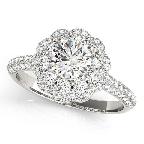 Platinum Round Halo Diamond Ring with Pave Band and Four-Prong Setting