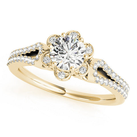 Yellow gold Round Halo Diamond Floral Split Shank Engagement Ring