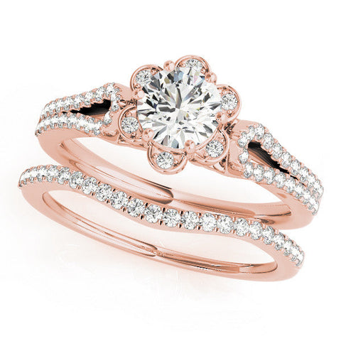 Rose gold Round Halo Diamond Floral Split Shank Engagement Ring