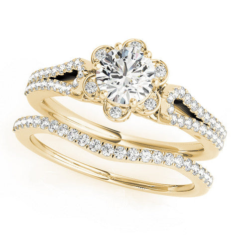 Yellow gold Round Halo Diamond Floral Split Shank Engagement Ring