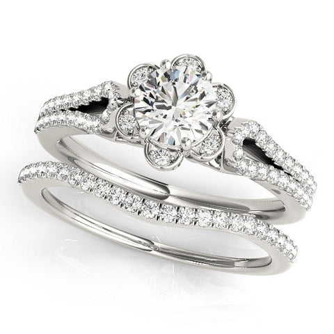 Platinum Round Halo Diamond Floral Split Shank Engagement Ring