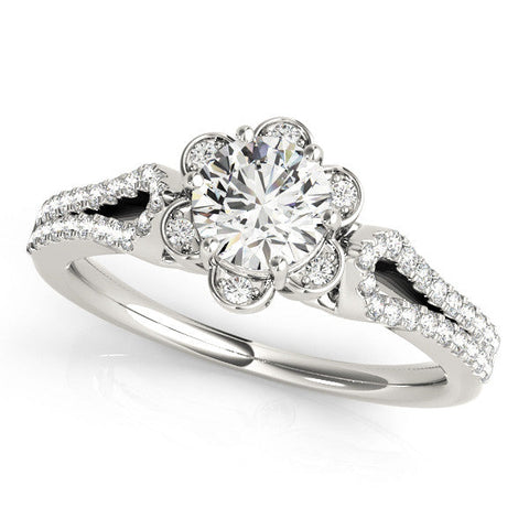 White gold Round Halo Diamond Floral Split Shank Engagement Ring