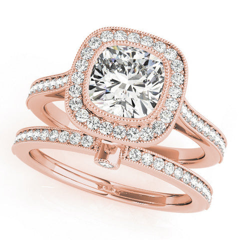 Rose gold Cushion Halo Diamond Engagement Ring with Pavé Band and Four-Prong Setting