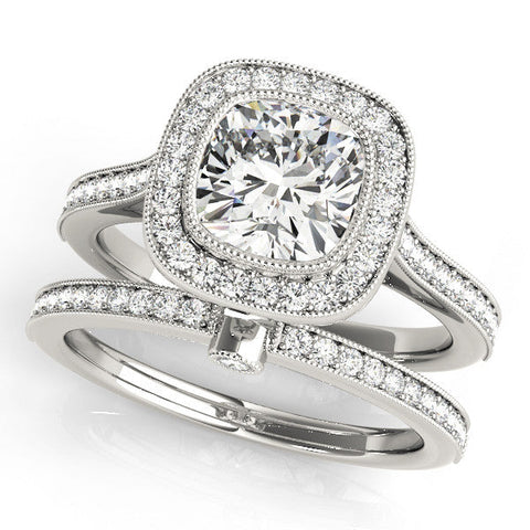 White gold Cushion Halo Diamond Engagement Ring with Pavé Band and Four-Prong Setting