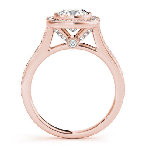 Rose gold Cushion Halo Diamond Engagement Ring with Pavé Band and Four-Prong Setting