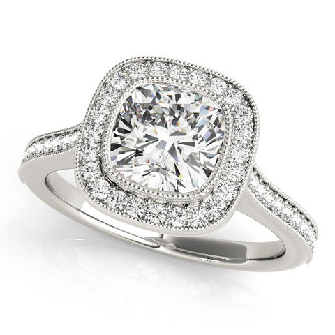 Platinum Cushion Halo Diamond Engagement Ring with Pavé Band and Four-Prong Setting