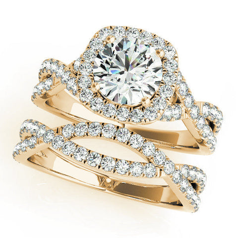 Yellow gold Round Halo Twist Band Diamond Engagement Ring with Prong Setting