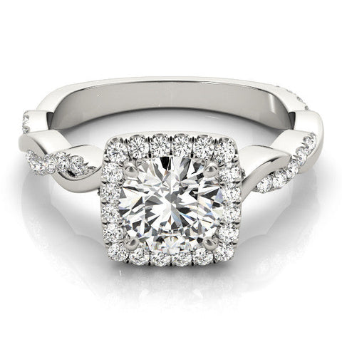 White gold Cushion Halo Round Diamond Twisted Band with Four-Prong Setting