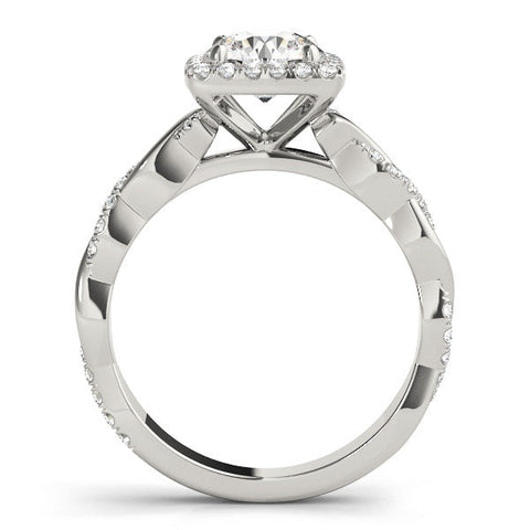 Platinum Cushion Halo Round Diamond Twisted Band with Four-Prong Setting