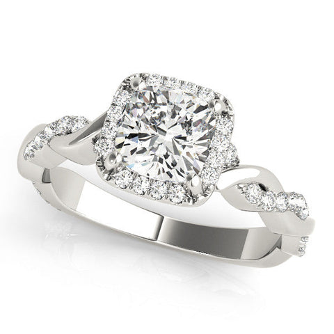 Platinum Cushion Halo Twist Band with Four-Prong Setting