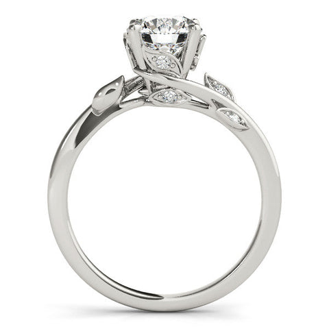 Platinum Round Solitaire Twist Engagement Ring with Leaf Accents and Prong Setting