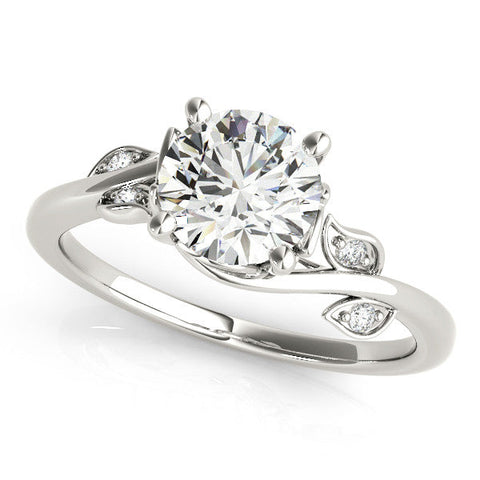 Platinum Round Solitaire Twist Engagement Ring with Leaf Accents and Prong Setting