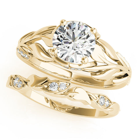 Yellow gold Round Solitaire Leaf-Inspired Engagement Ring with Prong Setting
