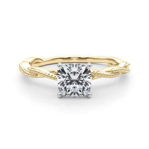 Yellow gold Cushion Solitaire Twisted Band with Bead Prong Setting