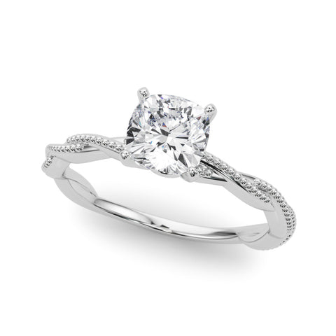 White gold Cushion Solitaire Twisted Band with Bead Prong Setting