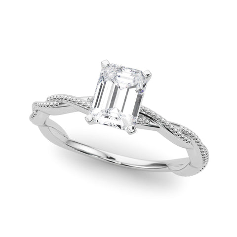 White gold Emerald Solitaire Twisted Band with Bead Prong Setting