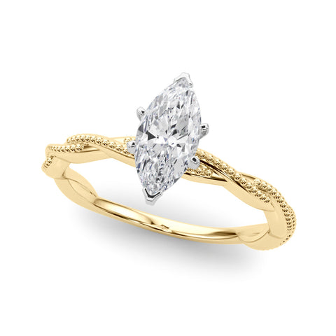 Yellow gold Marquise Solitaire Twisted Band with Bead Prong Setting