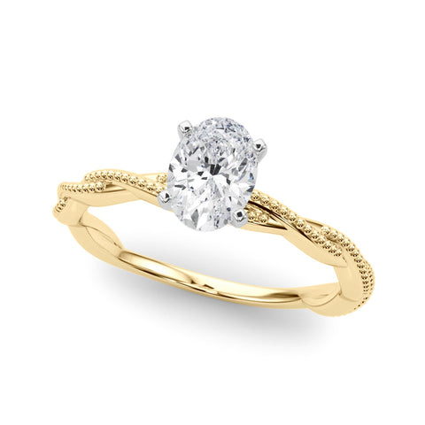 Yellow gold Oval Solitaire Twisted Band with Bead Prong Setting