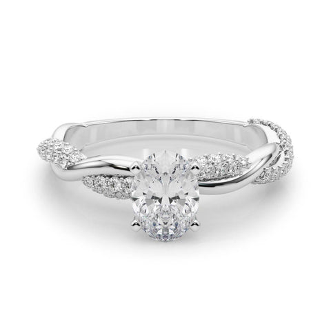 White gold Oval Solitaire Twist Band with Pave Prong Setting