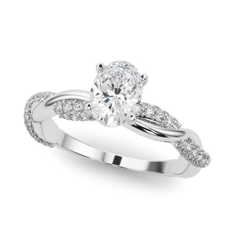 Platinum Oval Solitaire Twist Band with Pave Prong Setting