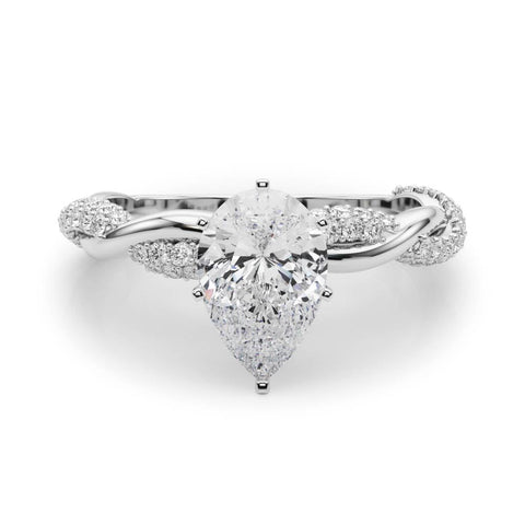 Platinum Pear Solitaire Twist Band with Pave Prong Setting