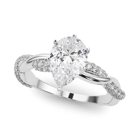 Platinum Pear Solitaire Twist Band with Pave Prong Setting