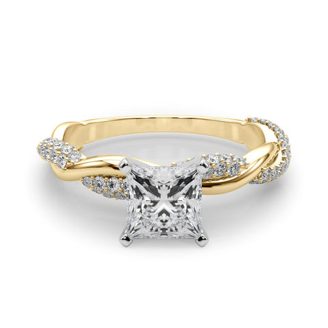 Yellow gold Princess Solitaire Twist Band with Pave Prong Setting