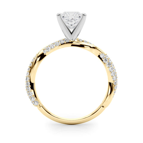 Yellow gold Princess Solitaire Twist Band with Pave Prong Setting