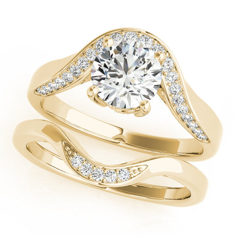 Yellow gold Round Solitaire Diamond Engagement Ring with Pave Band and Four-Prong Setting